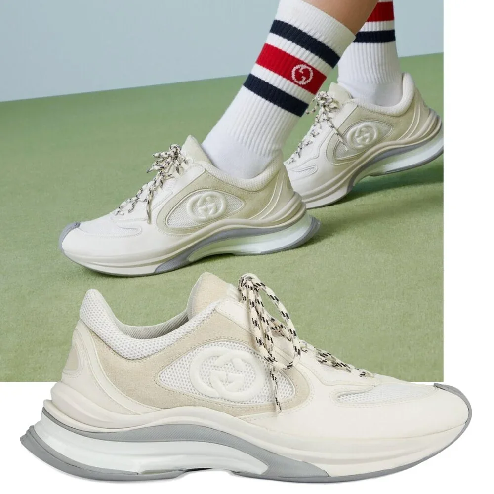 GUCCI SNEAKERS RUN WHITE SUEDE LEATHER INTERLOCKING G LOGO SHOES sz 40.5 10.5 - Picture 1 of 16